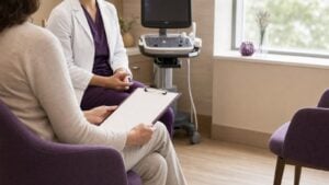 Patient holding a clipboard while speaking with a clinician in a vein consultation room.