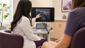 Vein specialist reviewing a duplex ultrasound image with a patient