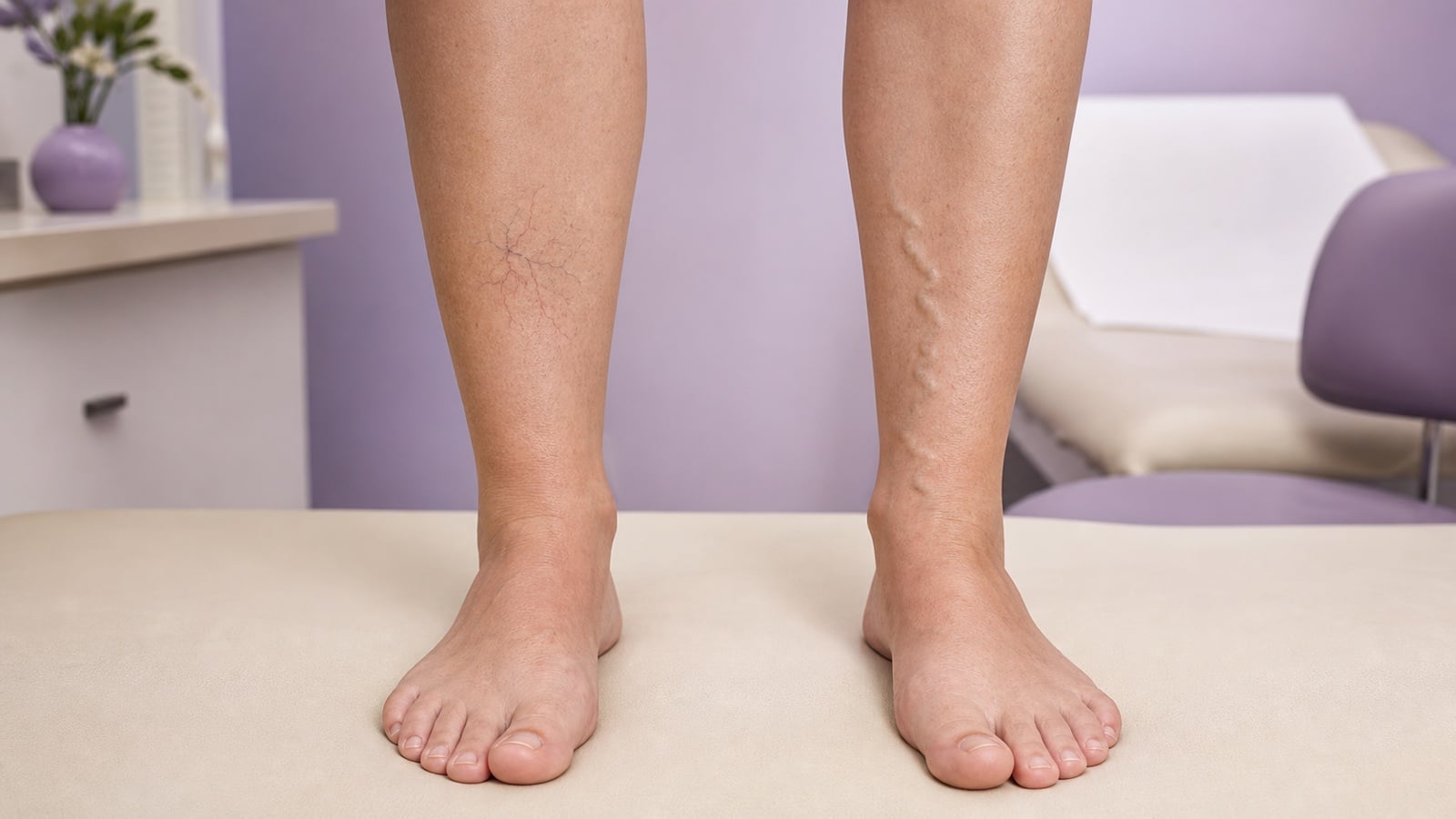 Side-by-side lower legs showing a small spider-vein cluster and a mild raised varicose vein.