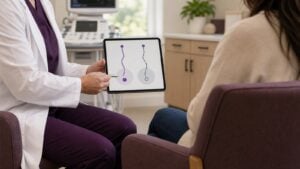 Clinician using a tablet to compare two vein treatment approaches with a patient