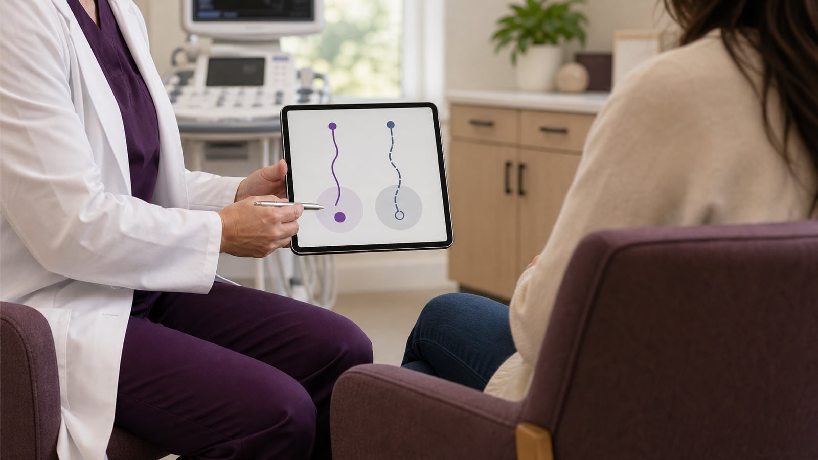 Clinician using a tablet to compare two vein treatment approaches with a patient